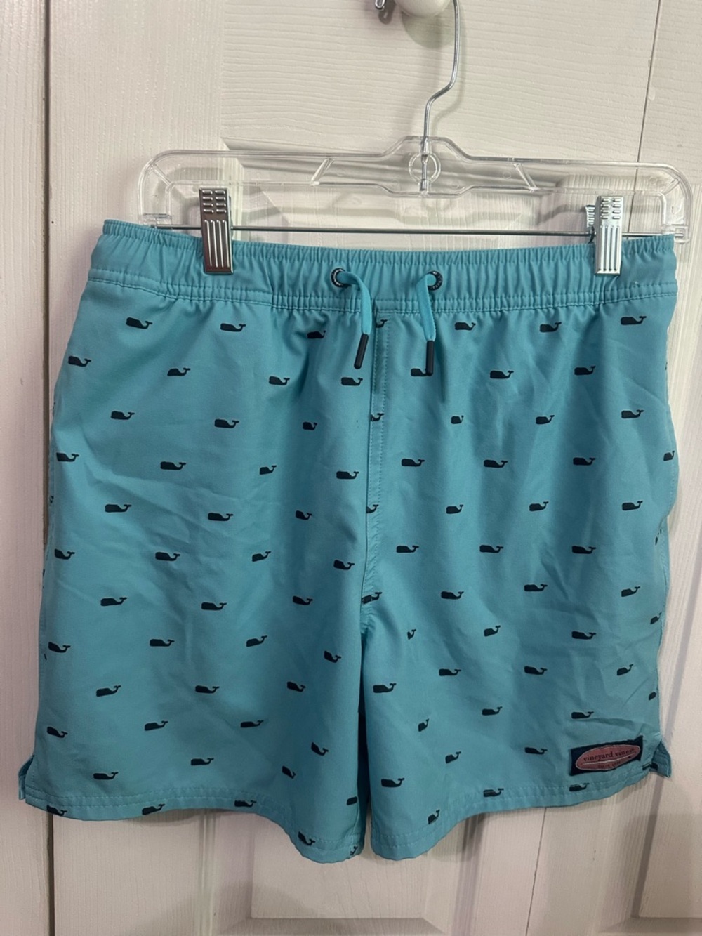 Boys Light Teal Whale-Print Swim Shorts